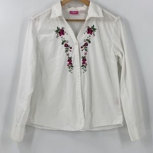 Cappagallo white cotton shirt with red rose embroidery Petite medium